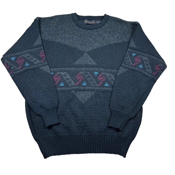Vintage Michael Gerald Sweater Adult Large Black Green Geometric Triangle 80s